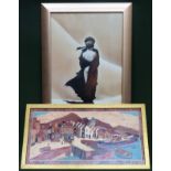 20th century Italian style inlaid wooden picture, plus gilt framed print Both in used condition,