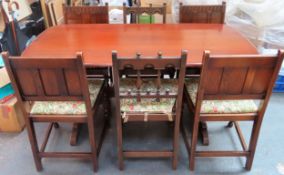 Composite Ercol dining suite including refectory type dining table, plus six various chairs. App.