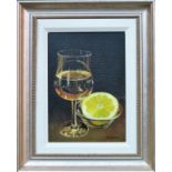 E. Denis framed limited edition Giclee print - glass with lemon slice, signed by artist. App. 27.5 x