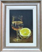 E. Denis framed limited edition Giclee print - glass with lemon slice, signed by artist. App. 27.5 x