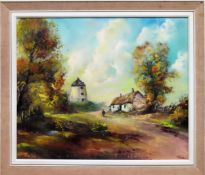1970's Framed oil on board depicting a country scene. Signed R. FACHIRI. App. 49 x 59cm Appears in