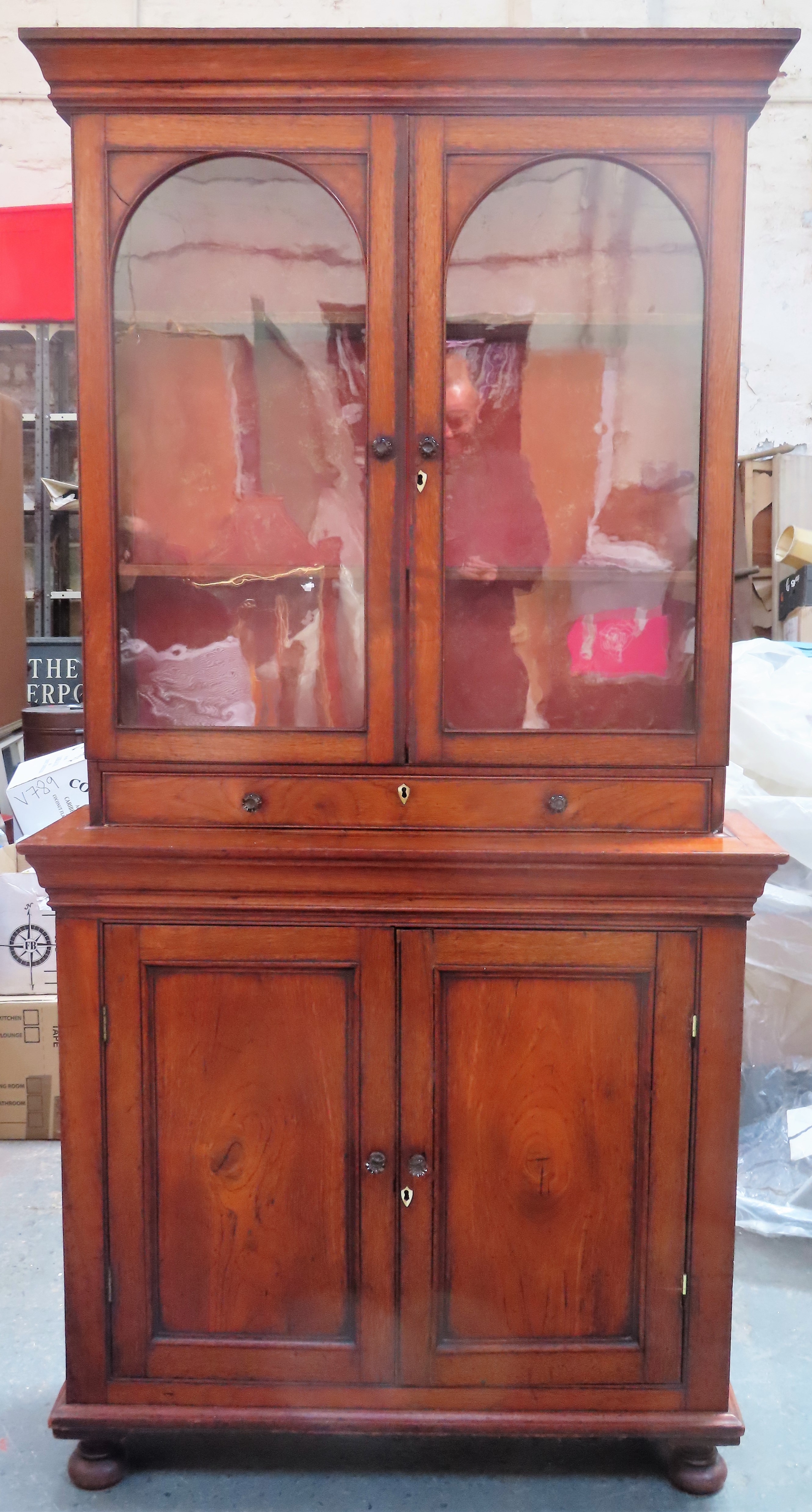 19th century oak two door glazed bookcase, with two small doors below. App. 179cm H x 91cm W X