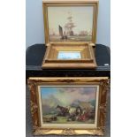 Three various polychrome prints, all within gilt frames All appear in reasonable used condition