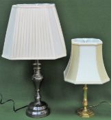 20th century silver coloured table lamp, plus smaller brass table lamp, both with shades. Largest