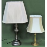 20th century silver coloured table lamp, plus smaller brass table lamp, both with shades. Largest