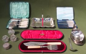 Parcel of silver plated ware, boxed flatware, pair of silver topped glass open salts, etc all used