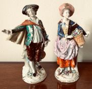 PAIR OF SITZENDORF FIGURES, APPROXIMATELY 24cm HIGH FEMALE HAND DETACHED, FINGERS DEFICIENT ON