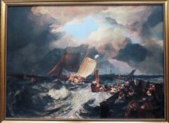 20th century large gilt framed oleograph - depicting boats on stormy waters. Approx. 64cms H x 88cms