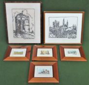 Two framed embroideries depicting Chester Cathedral & King Charles' Tower. Also four framed Barry