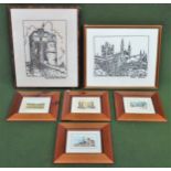 Two framed embroideries depicting Chester Cathedral & King Charles' Tower. Also four framed Barry