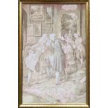 Gilt framed embroidery depicting an old English scene. App. 85 x 59.5cm Appears in reasonable used