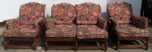 Ercol mid 20th century oak framed three piece suite used condition with scuffs, scratches, one