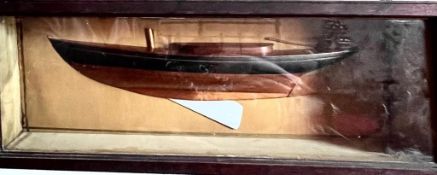 RACING YACHT IN WOODEN CASE, HALF MODEL PROFILE, APPROX 76cm LONG, 29cm HIGH AND 15cm DEEP