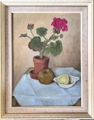 ME LATHAM, OIL ON BOARD, POTTED GERANIUM, APPROX 38 x 28cm