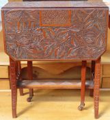 Early 20th century heavily carved relief decorated drop leaf sutherland table. App. 57cm H x 48cm