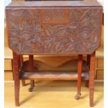 Early 20th century heavily carved relief decorated drop leaf sutherland table. App. 57cm H x 48cm