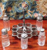 Early Victorian hallmarked silver cruet stand, plus five glass jars. Stand weight 684.6G