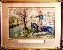 LARGE HUNTING PRINT, SIGNED JOHN LEACH, FRAMED AND GLAZED, APPROX 39 x 59cm