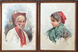 GIOVANI, WATERCOLOURS, PAIR OF ITALIAN PORTRAITS, FRAMED AND GLAZED, APPROX 35.5 x 25.5cm