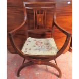 Mahogany Inlaid x framed armchair Used condition, evidence of poor restoration