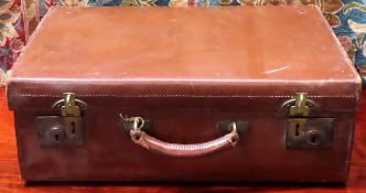 Vintage leather suitcase by Barr, Son co Ltd, Bristol, with canvas lined interior, plus two