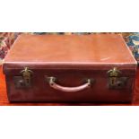 Vintage leather suitcase by Barr, Son co Ltd, Bristol, with canvas lined interior, plus two