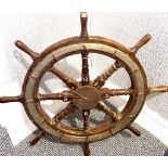 MAHOGANY AND BRASS SHIP'S WHEEL WITH CLOCK INSET TO CENTRE