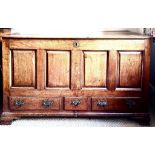 FOUR PANEL ANTIQUE MULE CHEST WITH PANELLED ENDS AND THREE DRAWERS