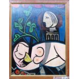 In the manner of Pablo Picasso, framed abstract oil on board. 47 x 36cm Reasonable used condition
