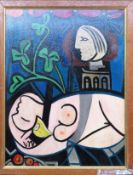 In the manner of Pablo Picasso, framed abstract oil on board. 47 x 36cm Reasonable used condition