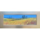 John Horsewell Framed oil on board - Yellow Field, Tuscany. App. 24 x 77cm