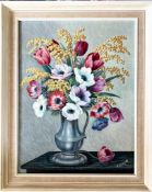 F CHILCOTT, OIL ON BOARD, PEWTER FLAGON WITH MIMOSA, TULIPS AND ANEMONE, APPROX 45 x 35cm