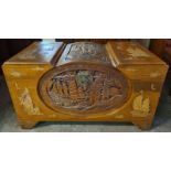 Early/Mid 20th century heavily carved camphor chest. Approx. 61cm H x 102.5cm W x 52cm D