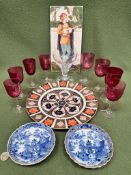 LOT COMPRISING CERAMIC PLAQUE, EARLY 19th CENTURY RUMMER, EIGHT DISSIMILAR CRANBERRY GLASSES,