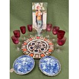 LOT COMPRISING CERAMIC PLAQUE, EARLY 19th CENTURY RUMMER, EIGHT DISSIMILAR CRANBERRY GLASSES,