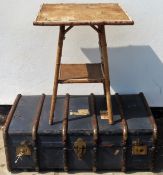 Bamboo two tier table, plus vintage travel trunk Both in used condition