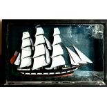 GOOD HALF MODEL DIORAMA OF A THREE MASTED CLIPPER, FLYING RED ENSIGN, APPROX 40cm HIGH x 54.5cm WIDE