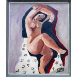 Attributed to Kadar Belfi, framed oil on board of a nude lady. App. 42 x 35cm Reasonable used