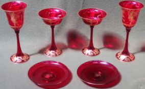 Two pairs of Murano Vetri Ruby glass vases, hand gilded and signed by Gino Cenedese, plus others