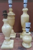 FOUR ALABASTER TABLE LAMPS, TALLEST 40CM H ONE IS CHIPPED TO CORNER, NONE ARE TESTED FOR WORKING