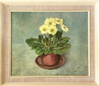 MARION LATHAM, OIL ON PAPER, 'POLYANTHUS', APPROX 24 x 28cm