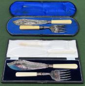Two cased silver plated fish serving sets All in used condition, evidence of wear