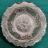 SMALL PIERCEWORK DECORATED UNMARKED SILVER SWEET MEAT DISH WITH WAVE EDGE