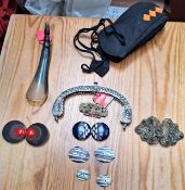 MIXED LOT INCLUDING VARIOUS BUCKLES, BUTTONS, HORNED SHOE HORN, PLUS PLATED BAG FRAME