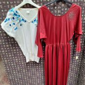 POLYESTER EVENING DRESS, WHITE COTTON BEADED TOP, PLUS LONG SLEEVE LINEN TUNIC