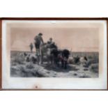 Large gilt framed monochrome print - Landais peasants going to market. App. 67 x 100cm