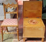 Gothic style single chair, plus stripped pine commode