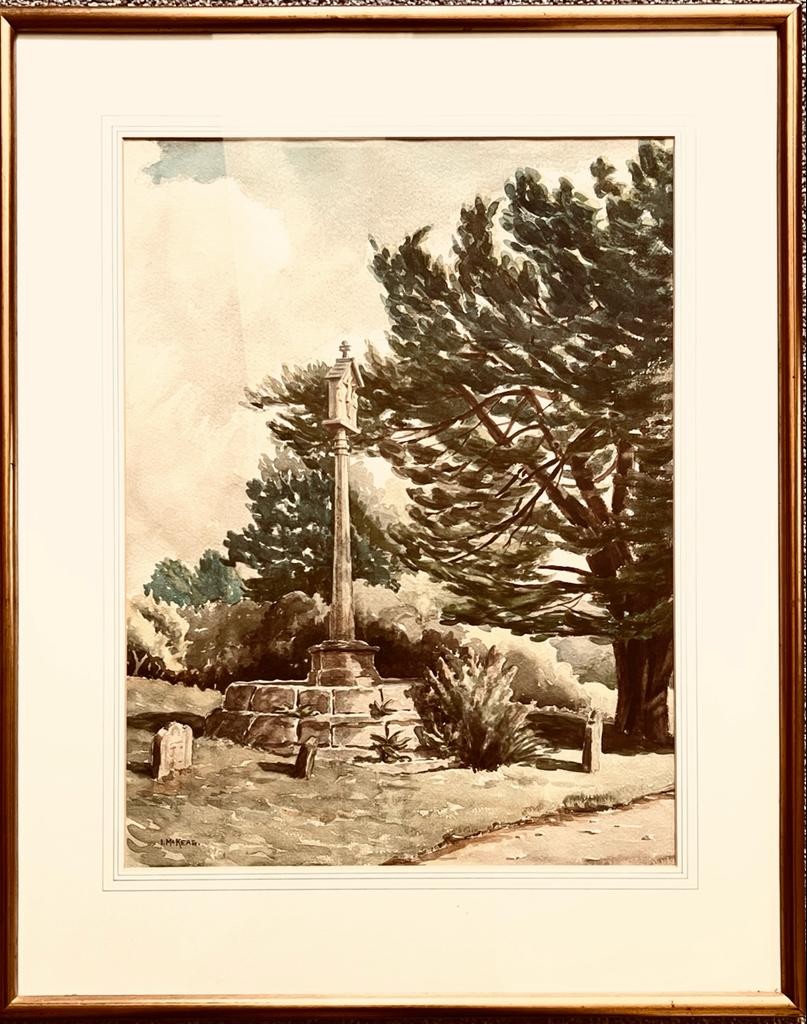 J MCKEAG, WATERCOLOUR- BUTCOMBE CROSS, FRAMED AND GLAZED, APPROXIMATELY 49 x 38cm