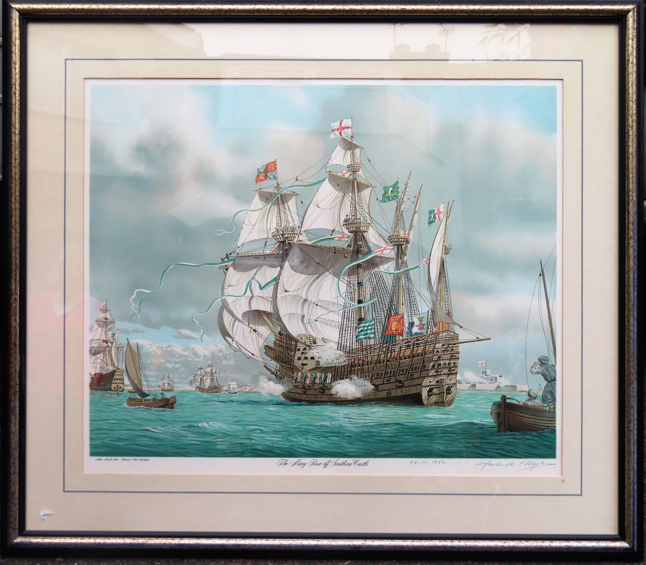 Framed pencil signed limited edition polychrome print "The Mary Rose" App. 43 x 52cm