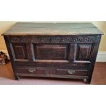 Oak blanket chest with hinged lift up cover. App. 75.5cm H x 120cm W x 55.5cm D